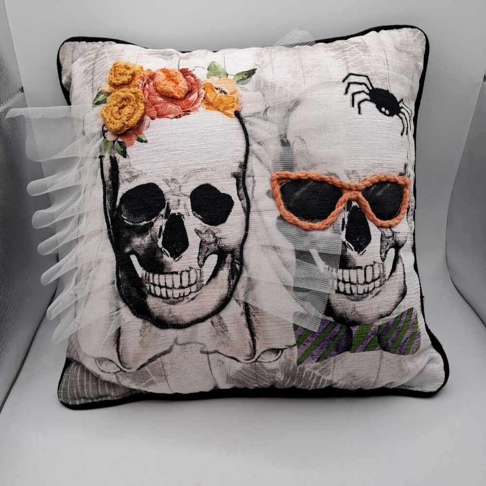 Halloween Skull Couple Bride & Groom Spider Throw Pillow Gorgeous! 12" x 12"